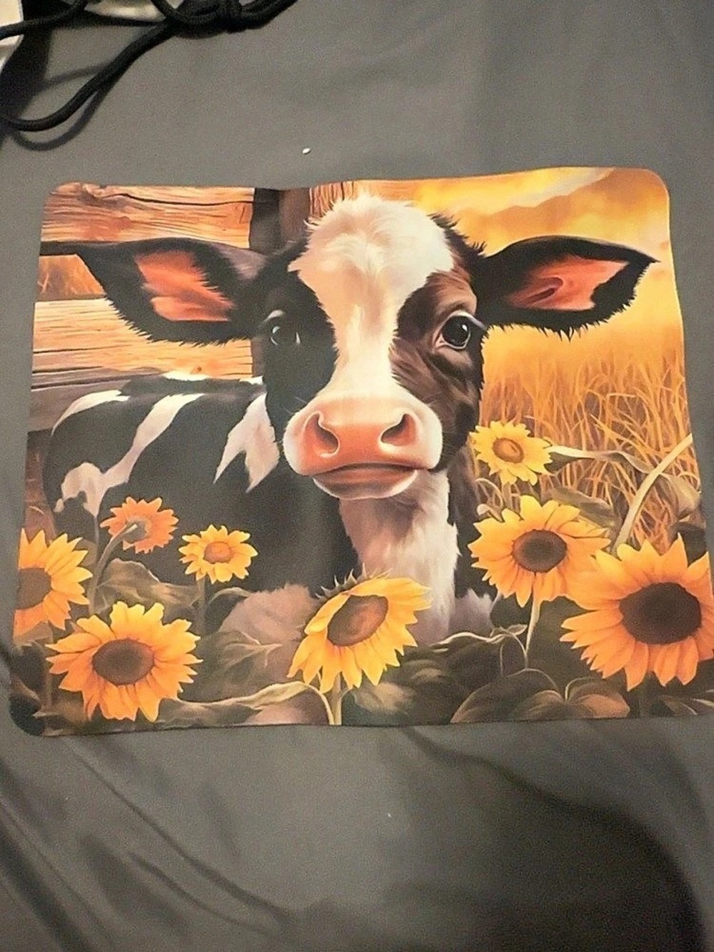 Cow and Sunflower Mouse Pad, Orange & Black